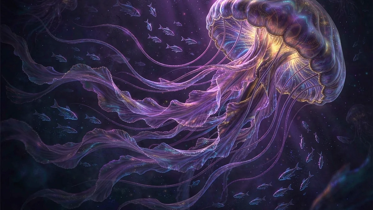 A glowing jellyfish against dark underwater scenery — BK33 guide