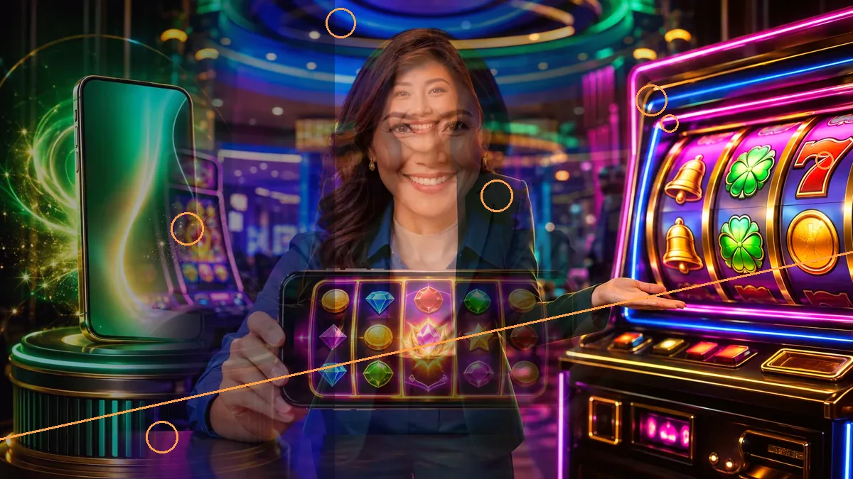 Adult woman holding a tablet displaying illustrated slot symbols — BK33 guide