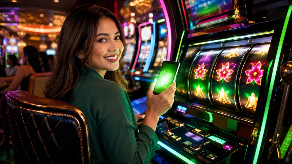 An adult woman holding a phone beside an illuminated slot machine — BK33 guide