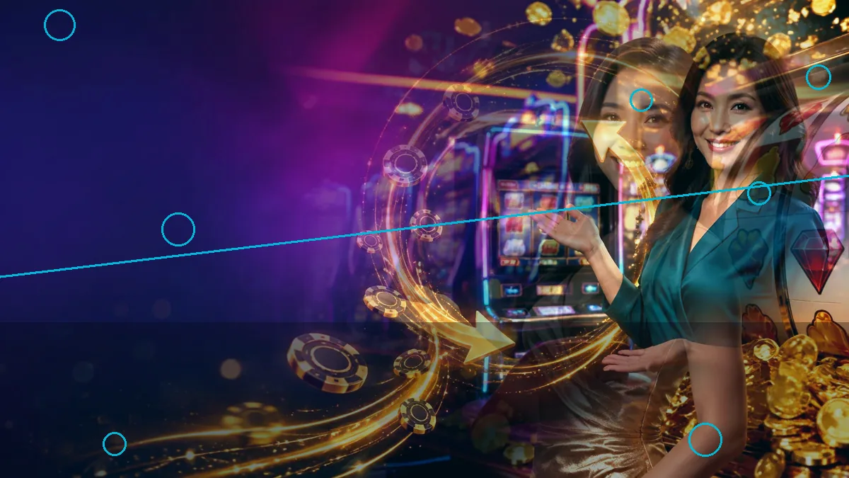 A composite illustration of an adult woman beside colourful slot machines — BK33 guide