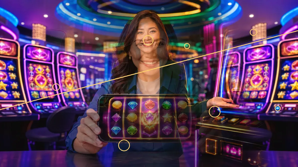 Adult woman displaying a screen with slot symbols among neon machines — BK33 guide