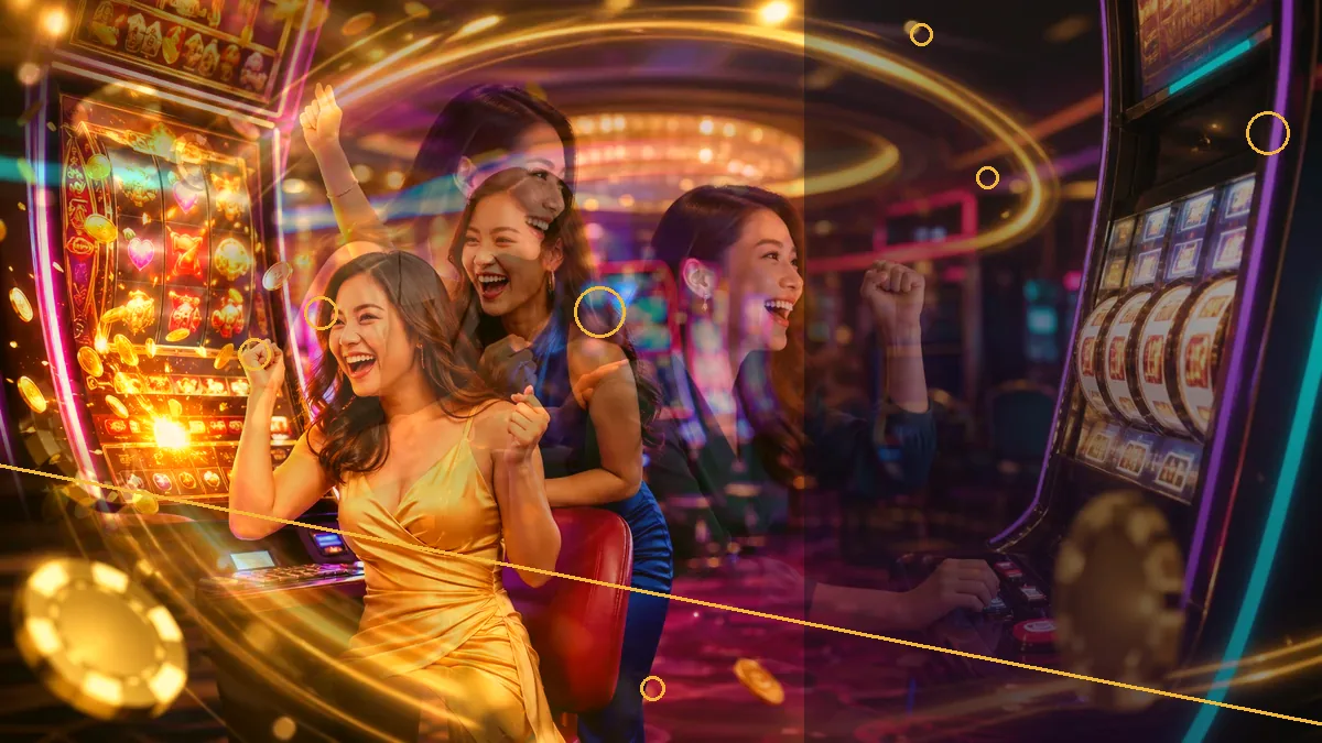 Layered illustration of two adult women beside slot machines and golden light trails — BK33 guide