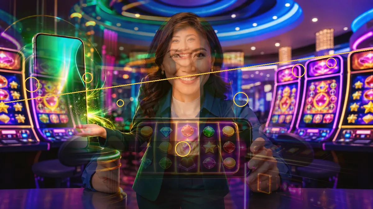 Adult woman holding a screen with game symbols beside a purple graphic panel — BK33 guide