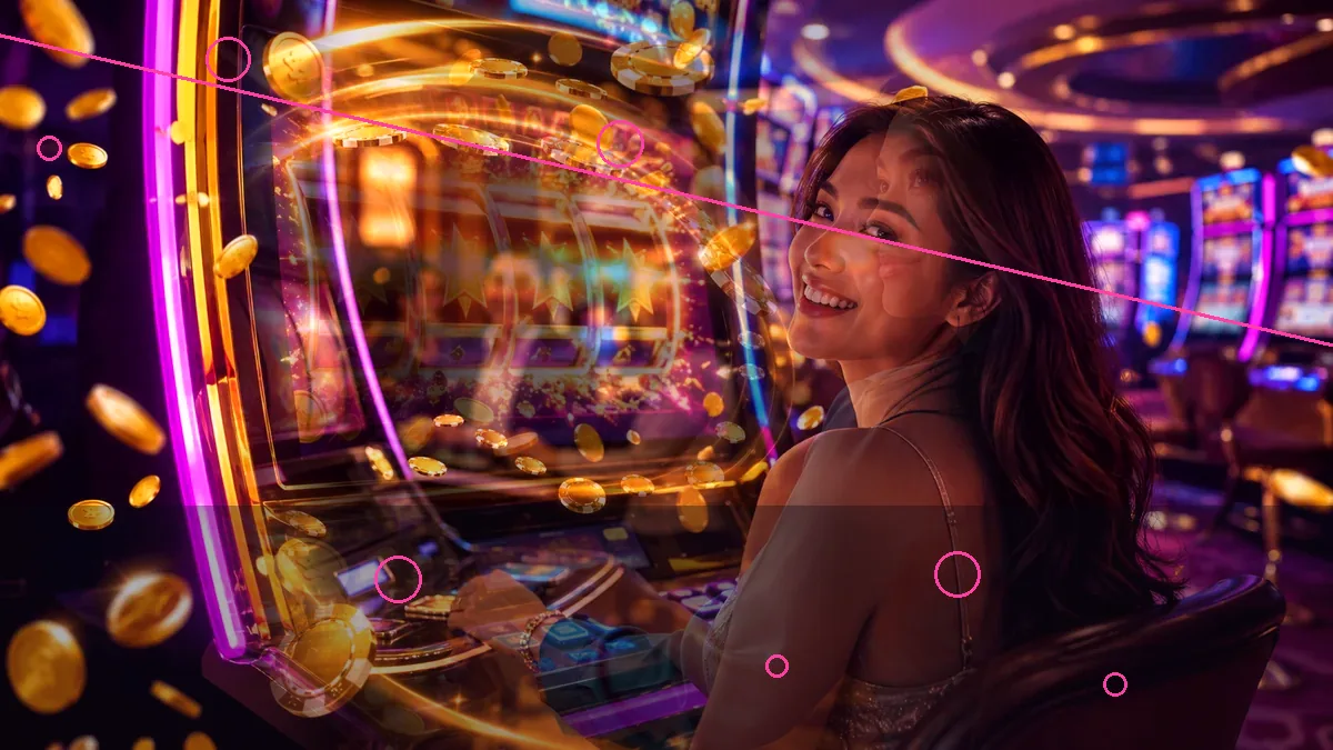 An adult woman in magenta seated beside an electronic casino machine — BK33 guide
