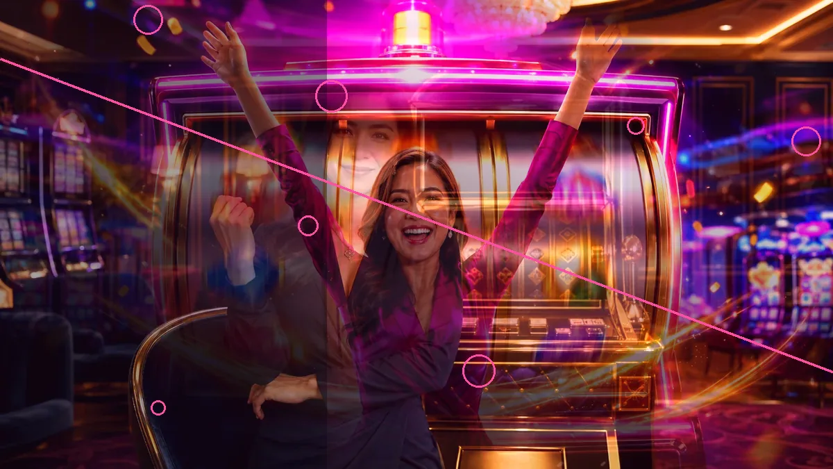A woman raising her arms amid layered magenta and gold casino graphics — BK33 guide