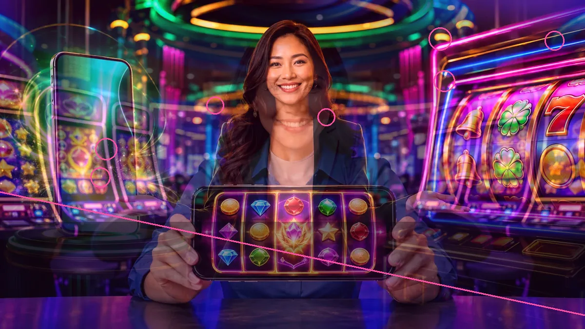 Adult woman holding a screen with slot symbols against a neon casino background — BK33 guide