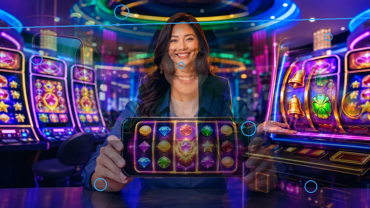 Adult woman holding a tablet displaying illustrated slot symbols — BK33 guide