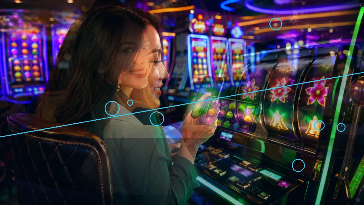 A woman seated at a slot machine in a layered neon casino scene — BK33 guide