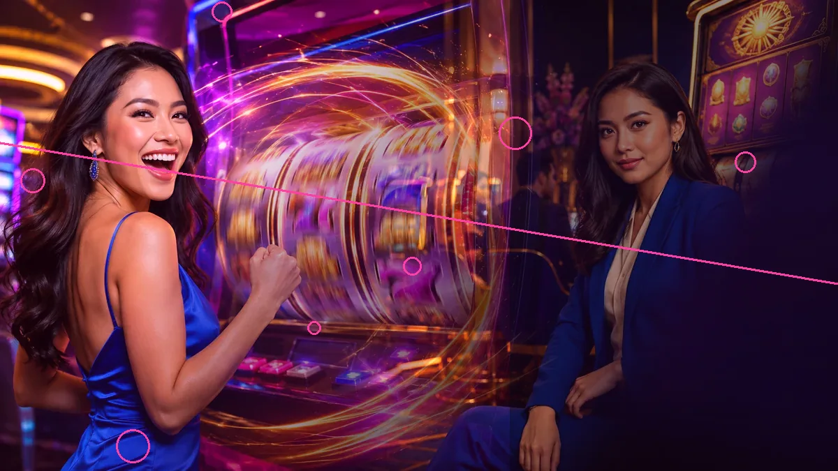 An adult woman in blue beside illuminated casino machines — BK33 guide
