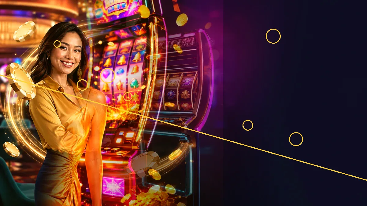 An adult woman in a yellow blouse beside a slot machine — BK33 guide