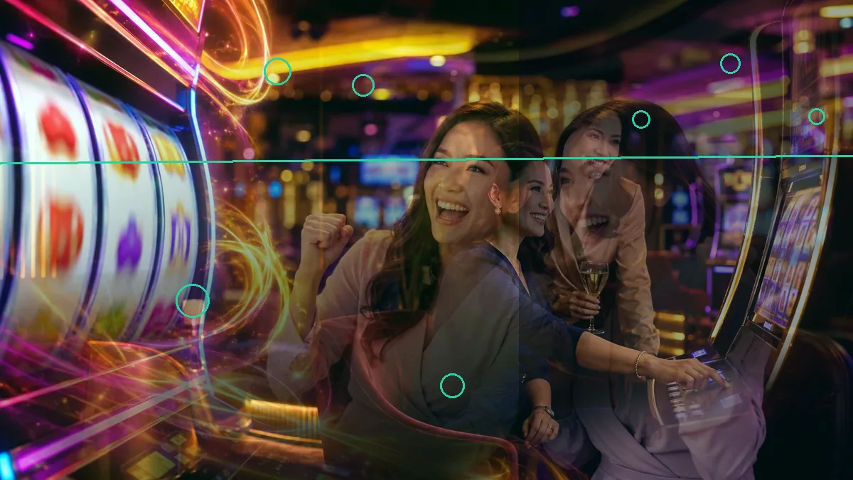 Layered illustration of adult women beside bright slot reels and curved light trails — BK33 guide