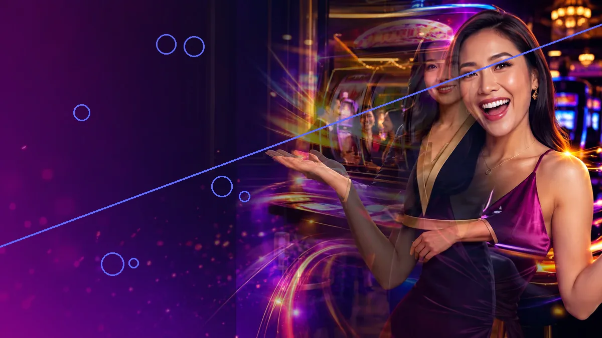 An adult woman in a magenta dress beside casino machines — BK33 guide