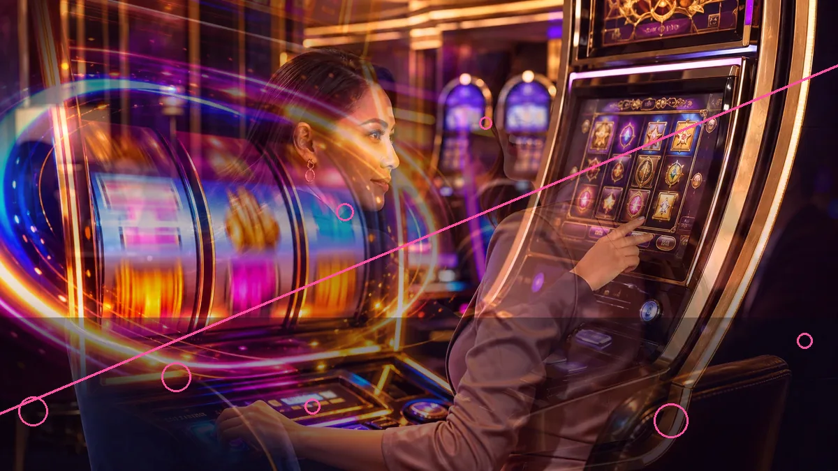 A woman at a slot machine framed by a glowing rectangular graphic — BK33 guide