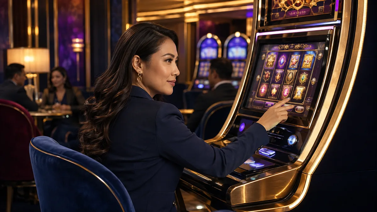 Adult woman seated at a gaming machine with one hand near its controls — BK33 guide