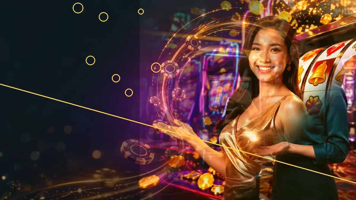 An adult woman in a green jacket beside glowing casino machines — BK33 guide