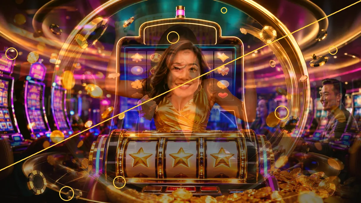 An adult woman behind an illustrated slot reel in a casino setting — BK33 guide
