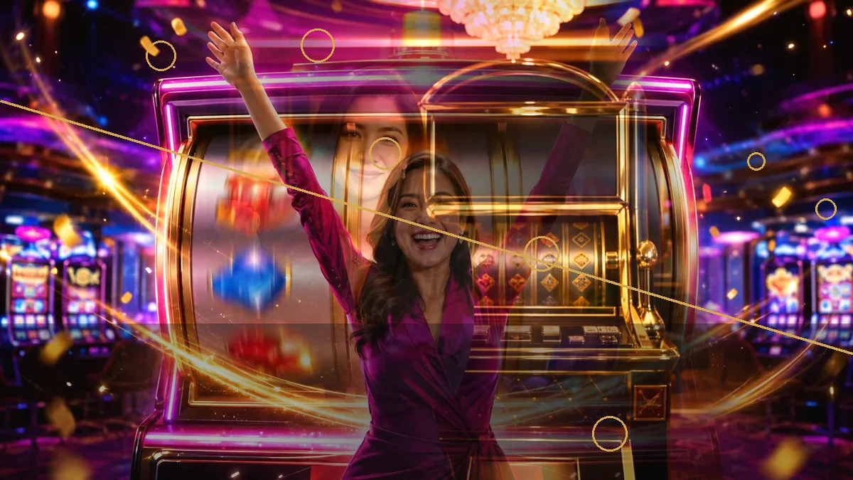 Adult woman raising her arms beside large illuminated slot reels — BK33 guide