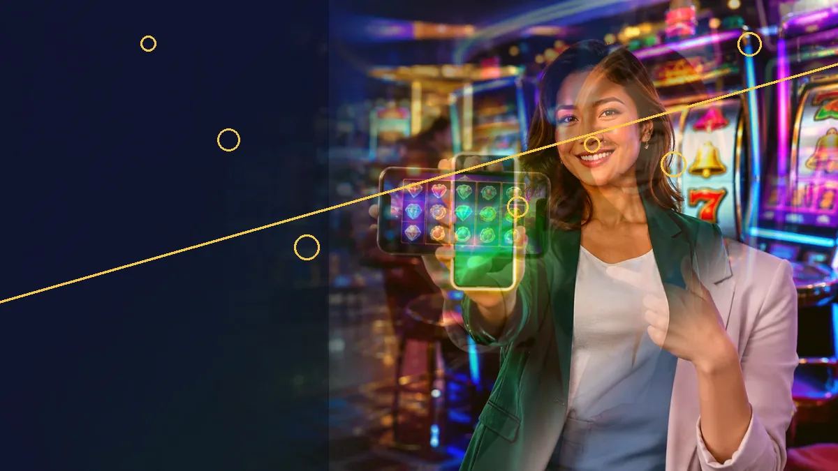 An adult woman holding up a glowing smartphone beside casino machines — BK33 guide