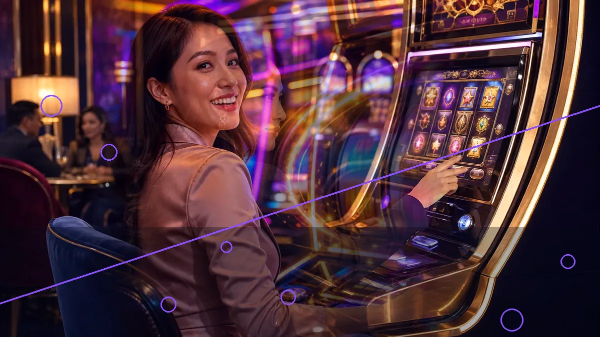 An adult woman seated beside a glowing casino machine — BK33 guide