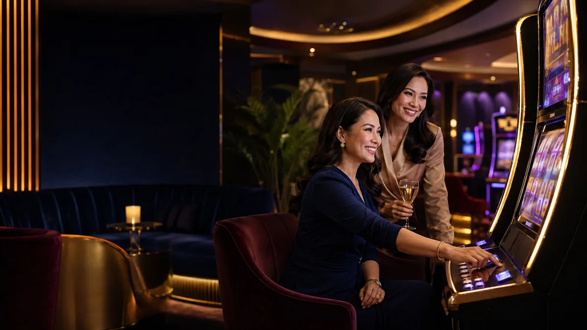 Two women together at a gold-lit slot machine — BK33 guide
