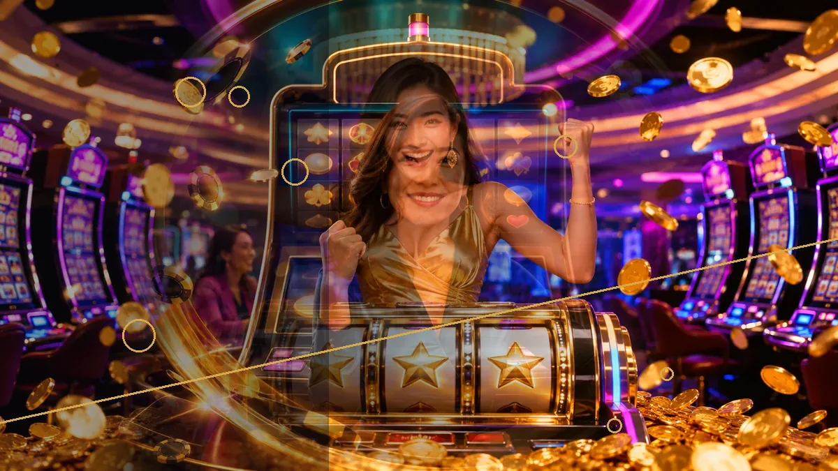 Adult woman behind illustrated slot reels and decorative gold coins — BK33 guide