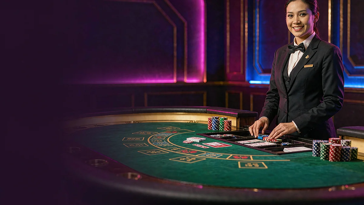 Adult woman standing behind a green gaming table with cards and chips — BK33 guide