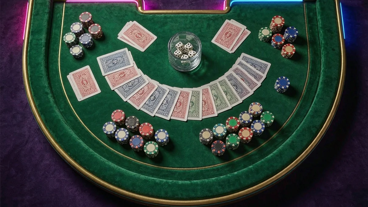 Overhead view of cards and chips arranged on a green gaming table — BK33 guide