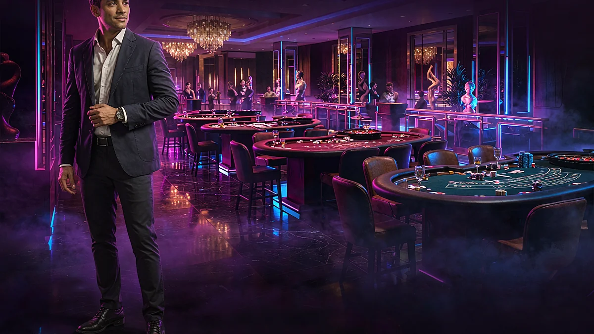 Adult man in a suit standing near gaming tables in a purple-lit room — BK33 guide