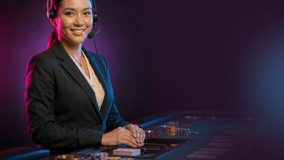 Adult woman in a dark jacket seated at a gaming table against a purple background — BK33 guide